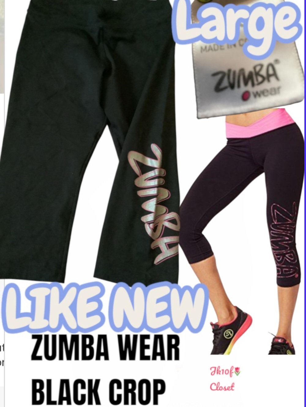 LOWEST PRICE🌺 ZUMBA WEAR LARGE LIKE NEW Fitness Black CROP ACTIVE PANTS w/ LOGO